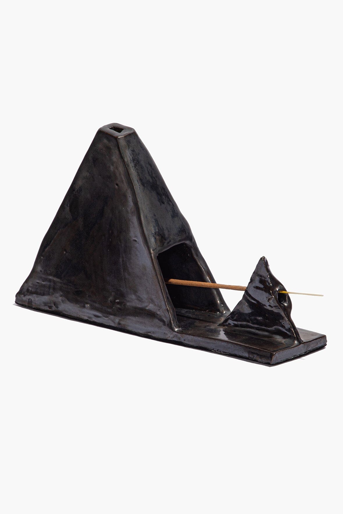 Ceramic pyramid incense holder with side opening and incense stick rest