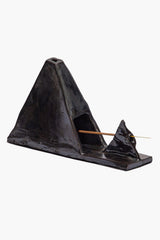 Ceramic pyramid incense holder with side opening and incense stick rest