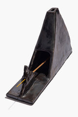 Ceramic pyramid incense holder with front base and incense stick, glossy dark glaze