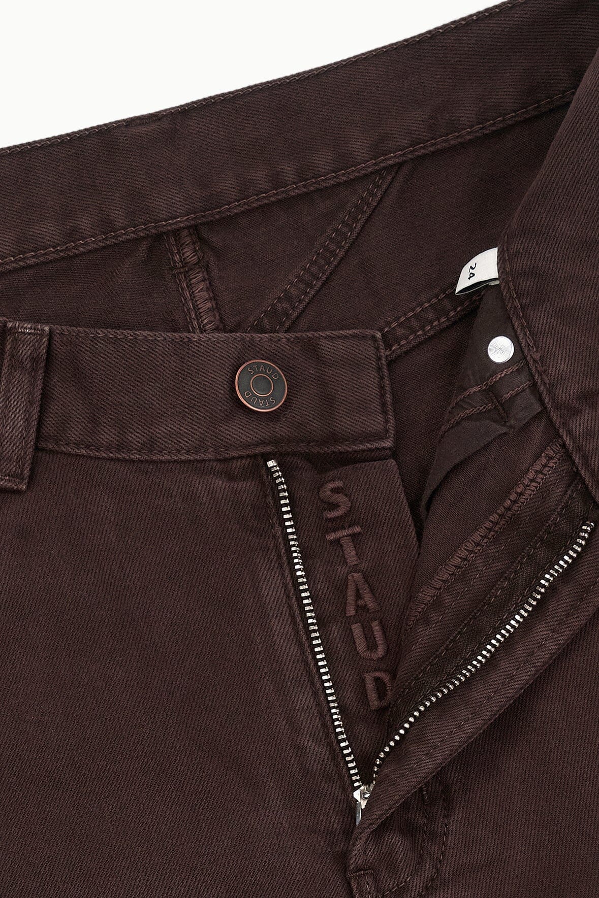 Brown barrel jeans waistband with button and zipper detail
