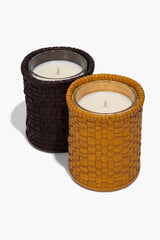Woven leather candle holders: espresso dark brown and golden yellow, cylindrical weave