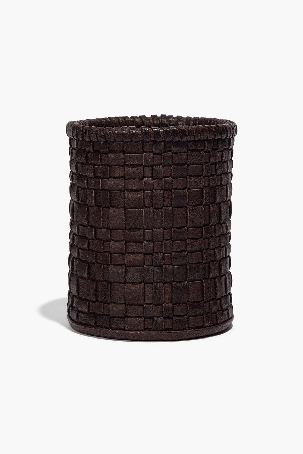 Espresso woven leather candle holder with tight square weave, cylindrical shape
