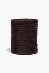 Espresso woven leather candle holder with tight square weave, cylindrical shape