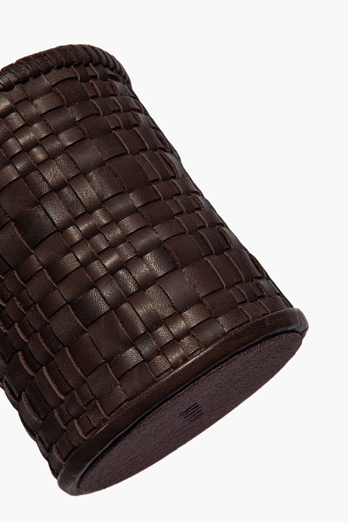 Woven leather candle sleeve in espresso, textured grid pattern and stitched edge
