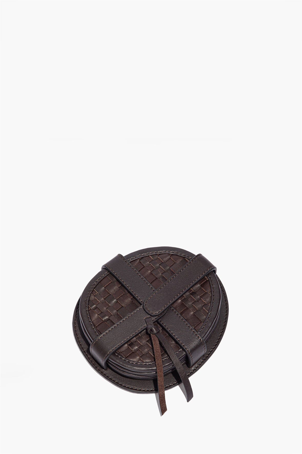 Woven leather coaster set tied with leather strap, dark espresso brown round coasters