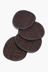 Set of round woven leather coasters, dark espresso brown, braided basket pattern