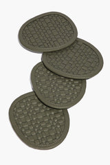 Moss woven leather round coasters, stitched edges, set of four