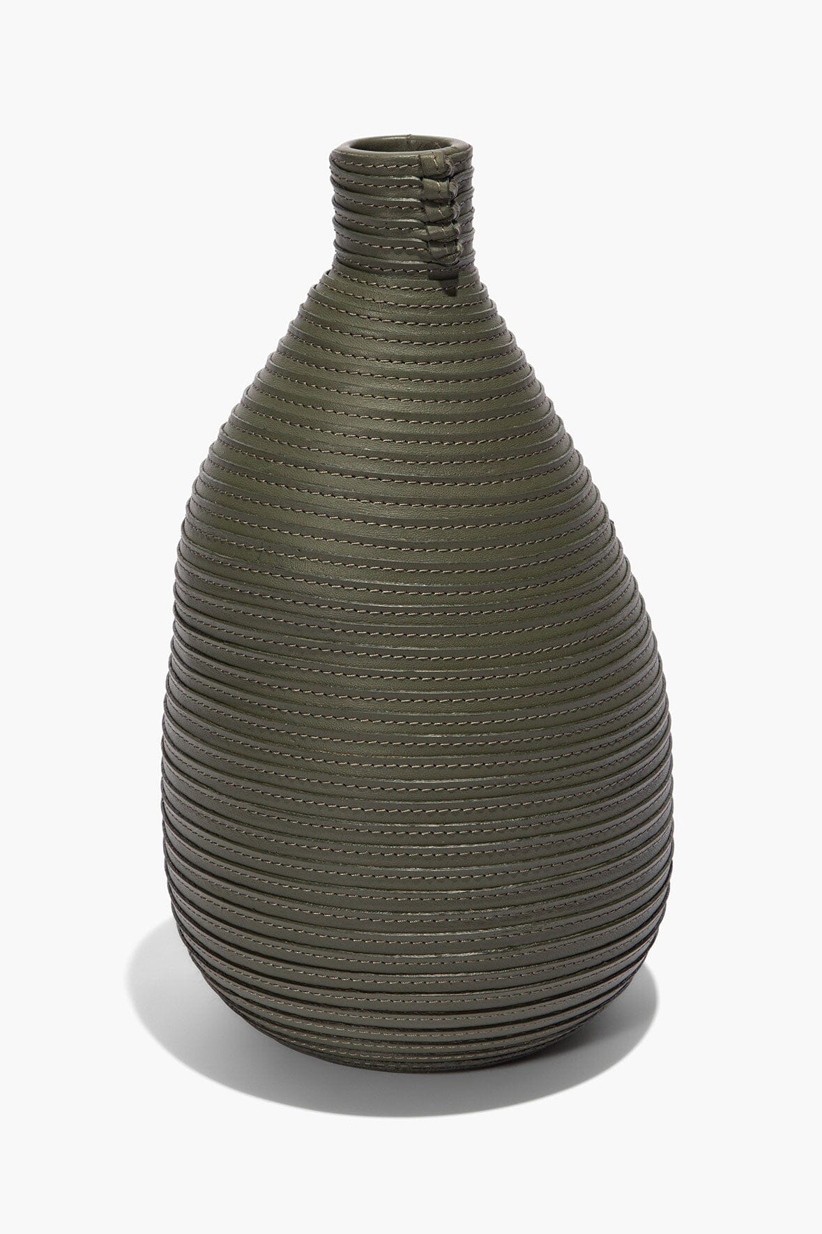 Moss wrapped vase with narrow neck and ribbed stitched pattern