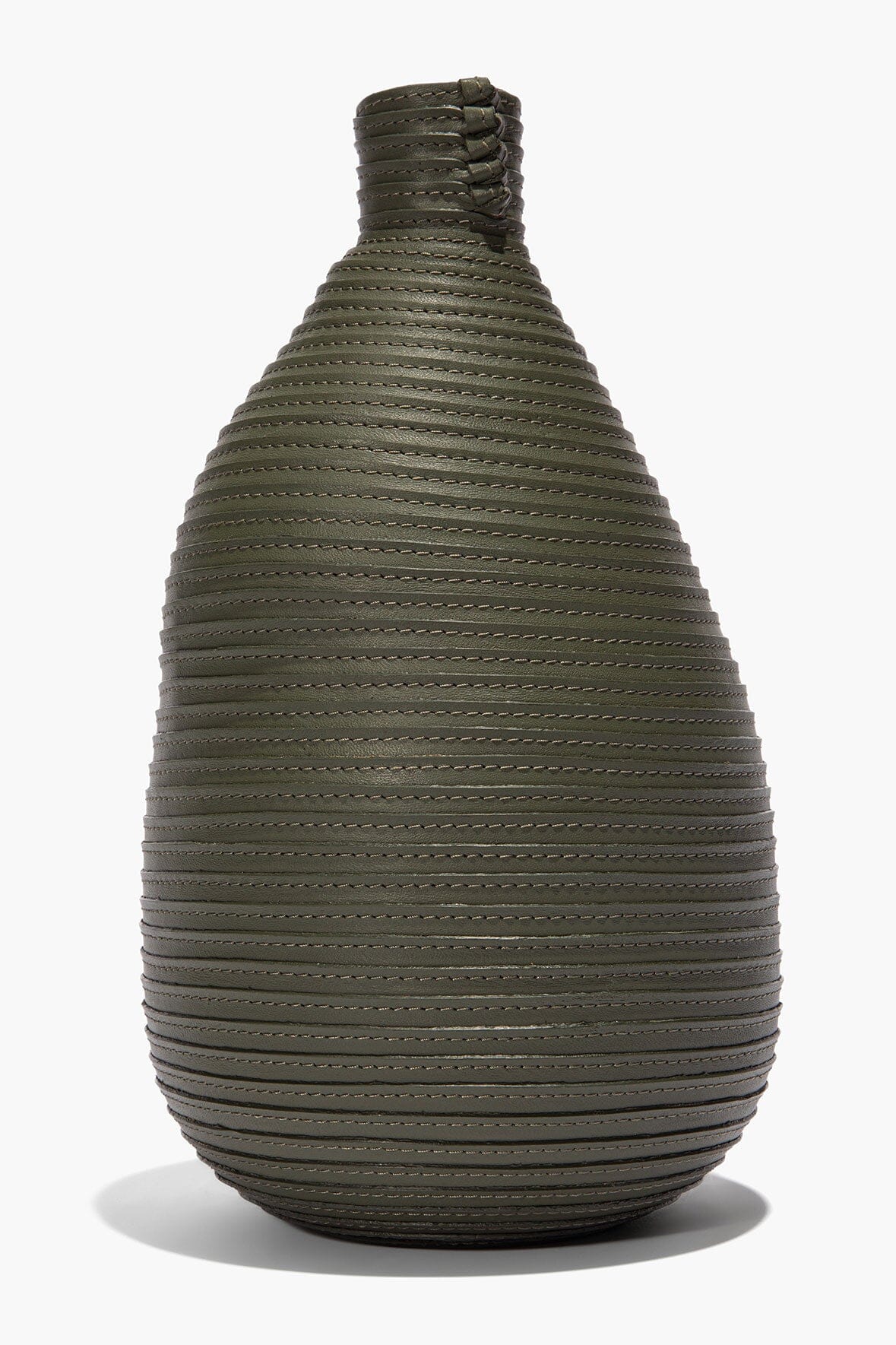 Moss wrapped vase, full view with tapered shape and stitched rings