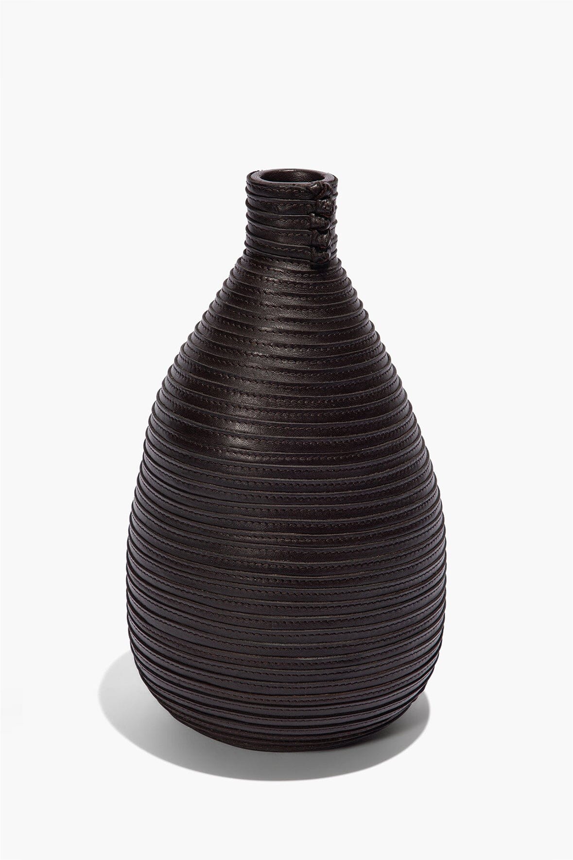 Wrapped vase in dark espresso brown with ribbed texture and narrow neck