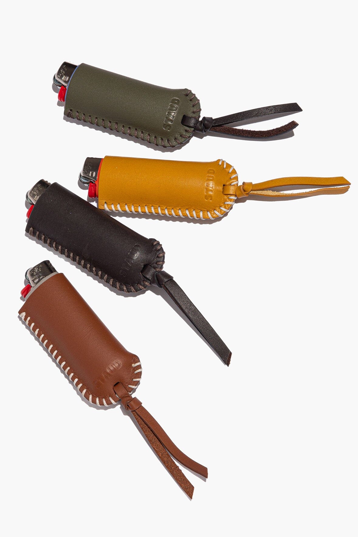 Moss leather lighter cover, stitched edge, brown tie strap