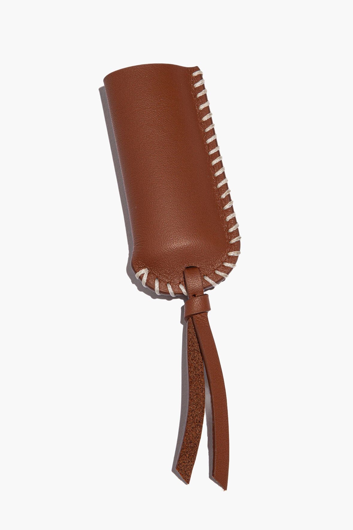 Brown leather lighter cover with white stitched edge and braided tie straps
