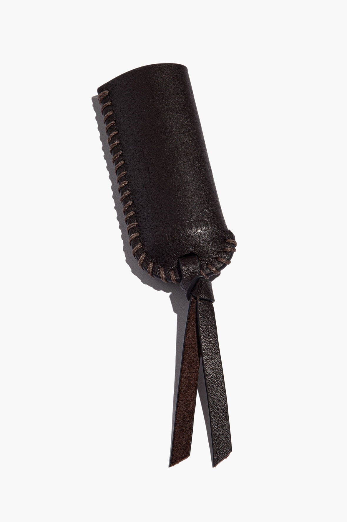 Dark leather lighter cover with stitched edge and hanging leather tassel