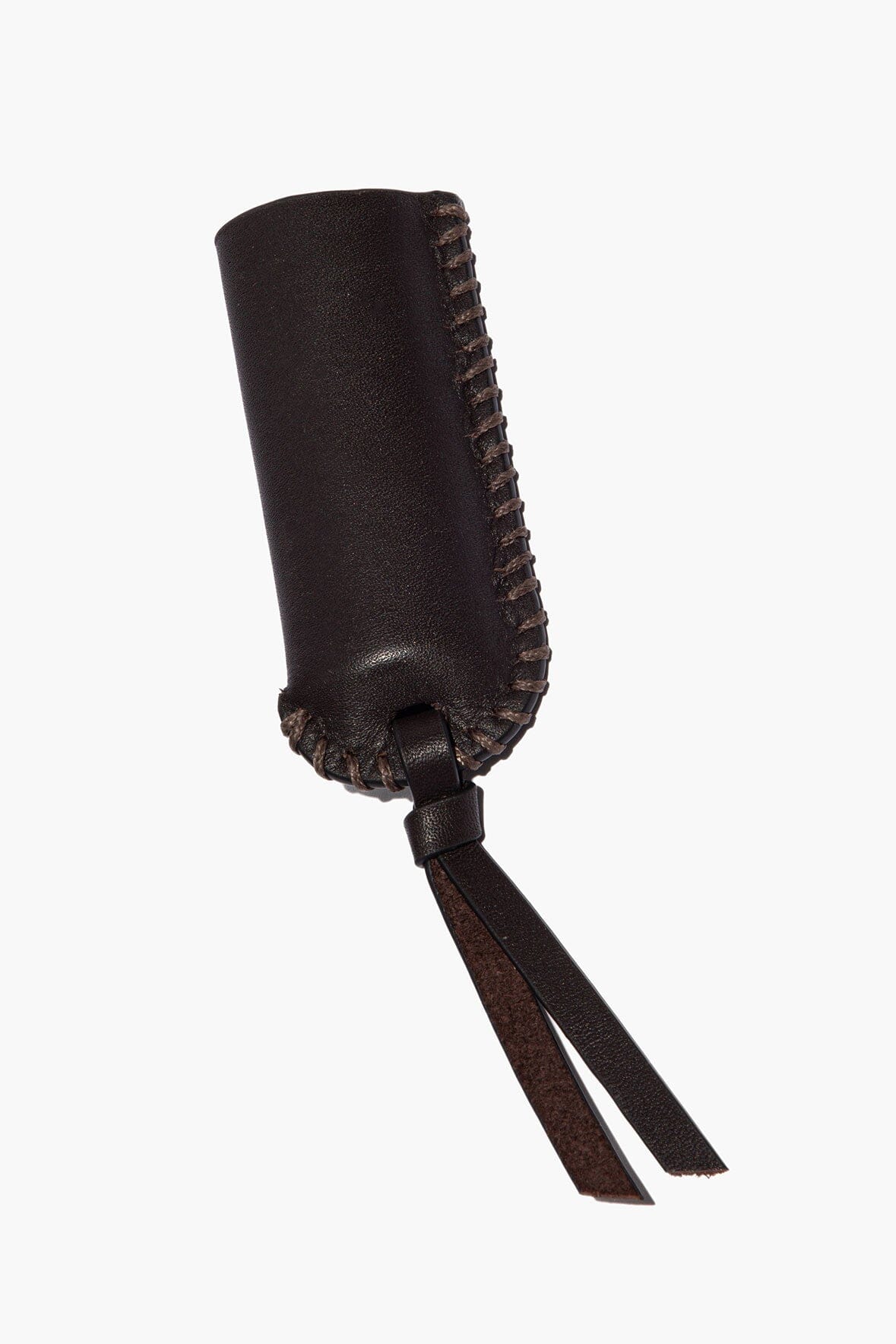 Dark leather lighter cover with stitched seam and long leather tassel