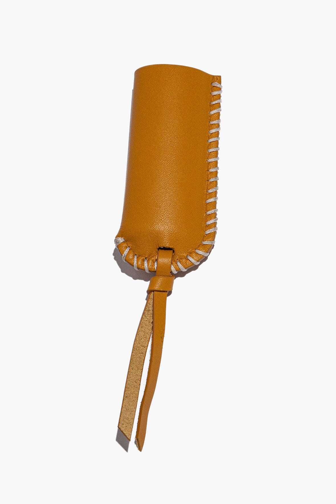 Goldenrod leather lighter cover with stitched edge and two leather tassel ties.