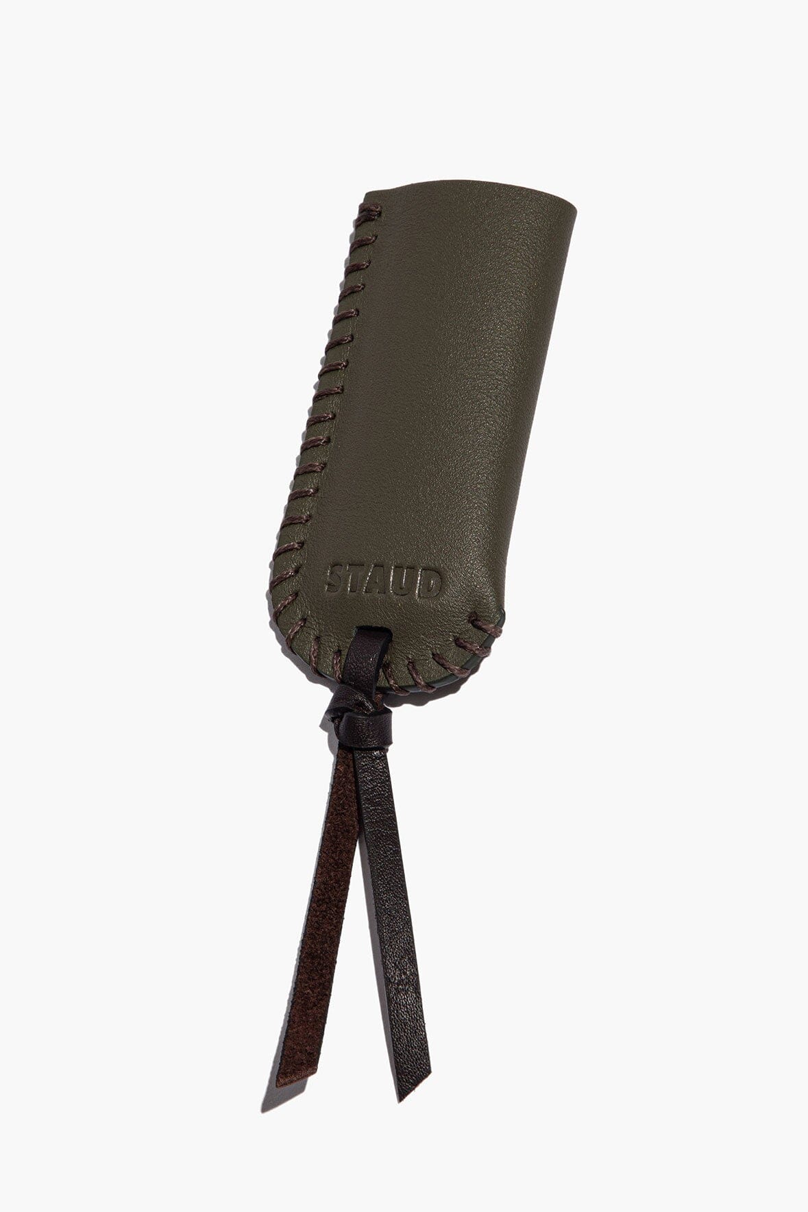 Moss leather lighter cover with STAUD logo, stitched edge, two tie straps