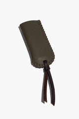 Moss leather lighter cover, stitched edge, two brown tie straps