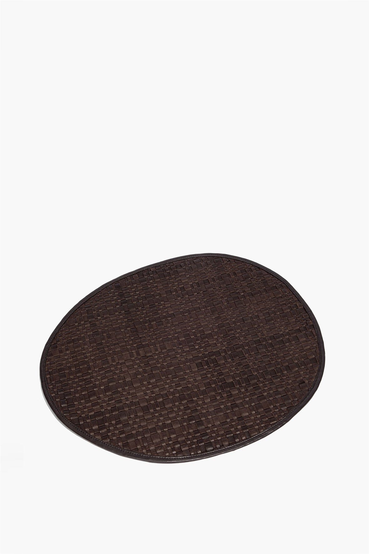 Espresso leather placemat, round-oval design with basketweave weave and stitched edge