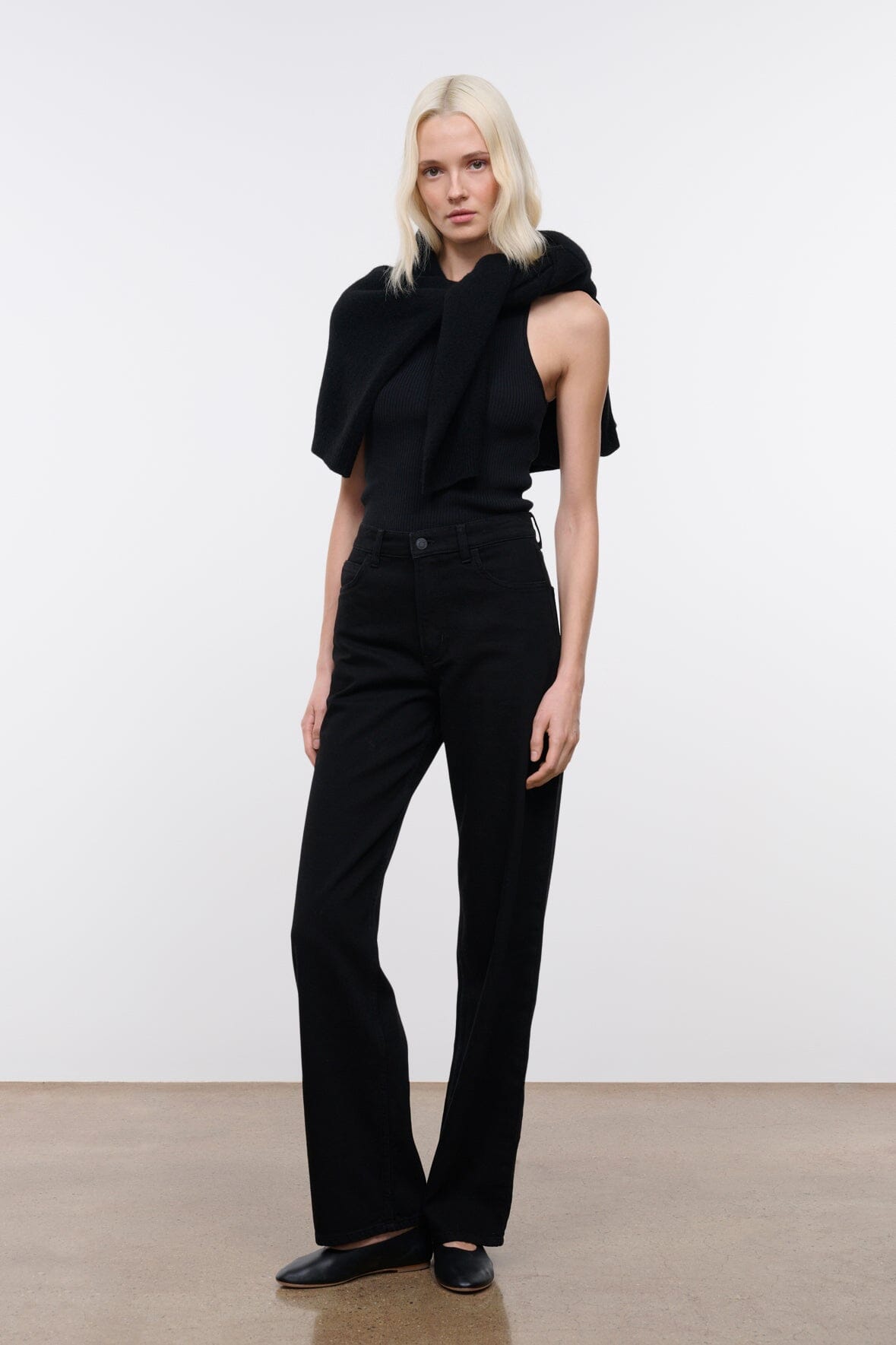 Black high-rise jeans with wide straight leg, button and zip fly
