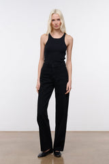 Black high-rise jeans in a wide-leg silhouette with buttoned waistband