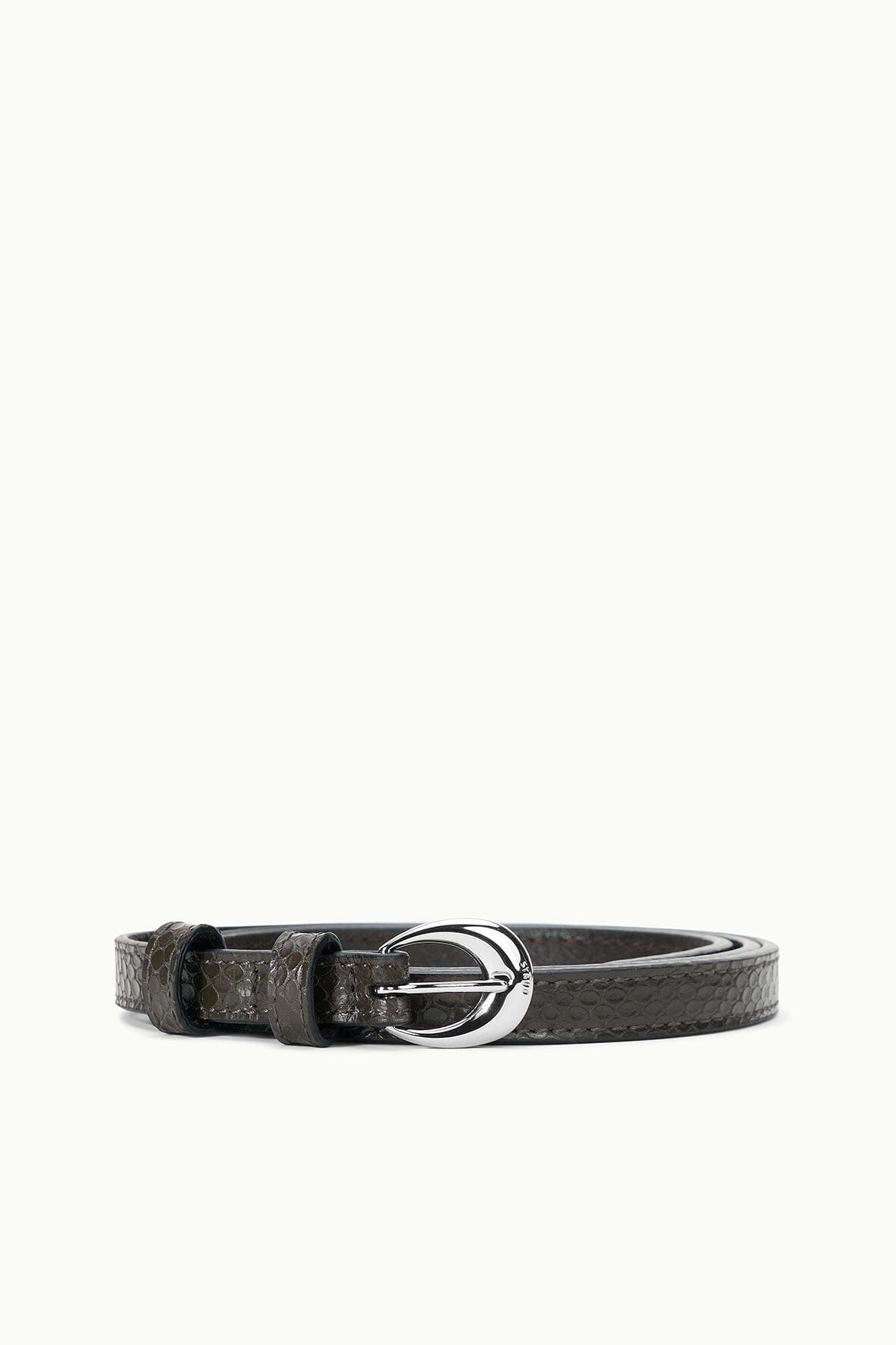 Slim snake-textured belt with dark brown strap and round silver buckle