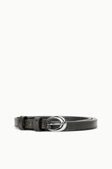 Slim snake-textured belt with dark brown strap and round silver buckle