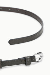 Dark brown snake-textured belt end with stitched tip and silver round buckle