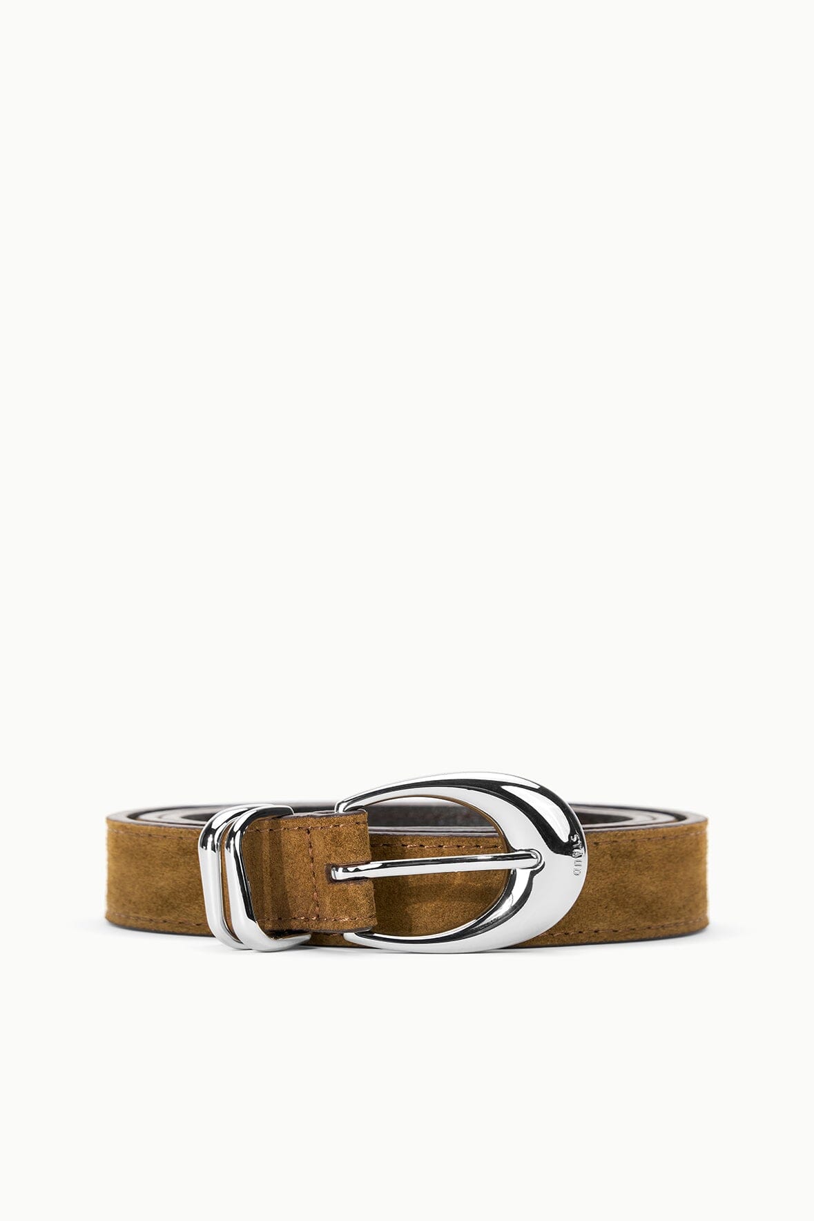 Brown suede belt with silver buckle and metal keeper, 26 mm width.
