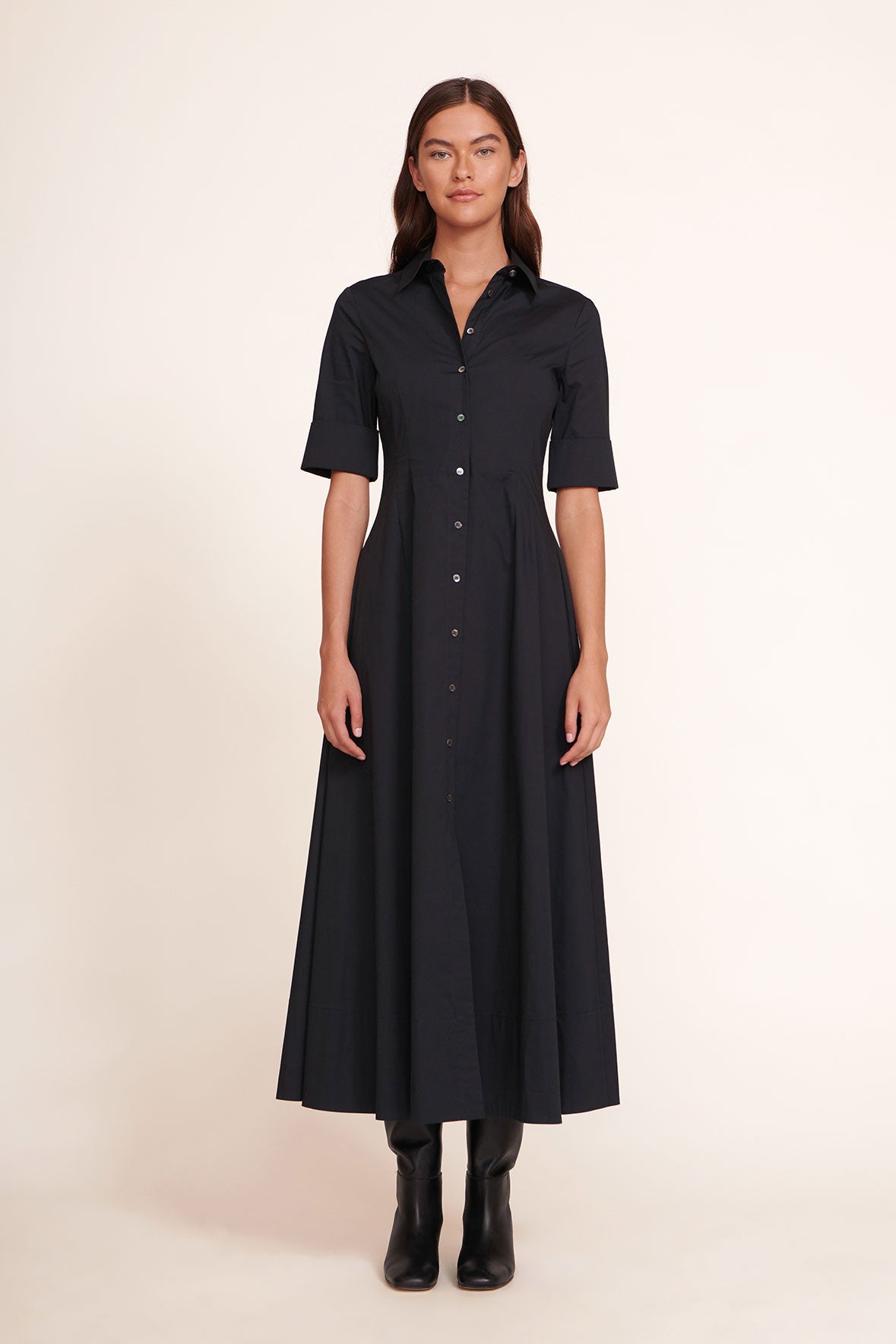 Black short-sleeve maxi dress with button-front and collar