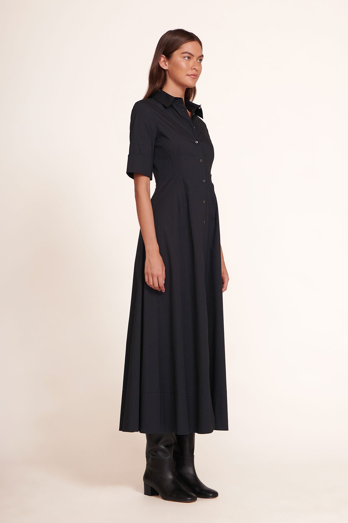 Black maxi dress with button-front and short sleeves, side view