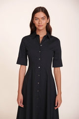 Black button-front maxi dress with pointed collar and short sleeves