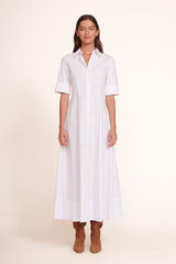 White maxi shirt dress, short sleeves, button front and point collar