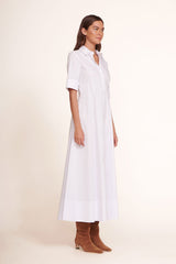 White maxi shirt dress with button placket, short sleeves, point collar