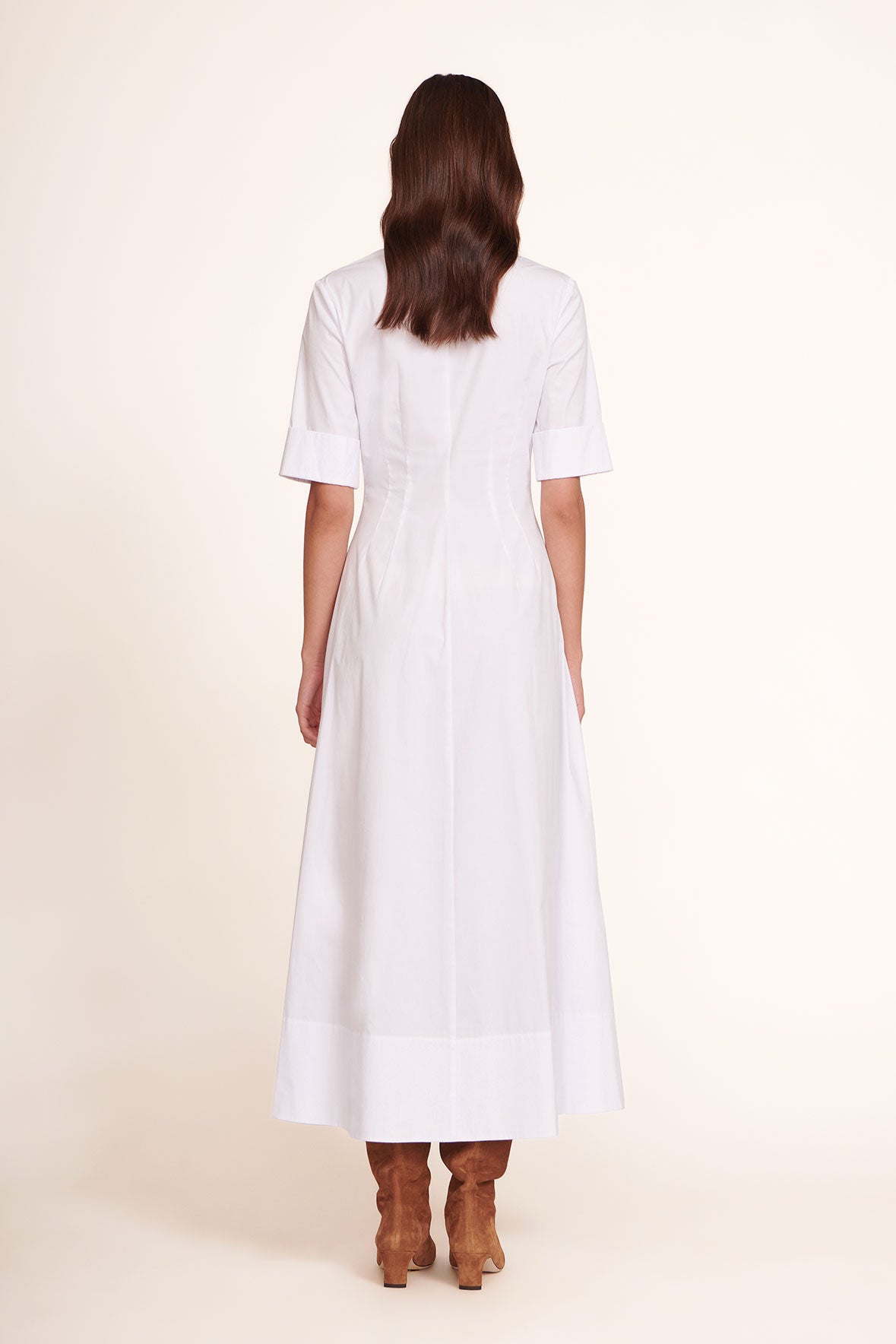 White maxi shirt dress, short sleeves, back view with center back seam