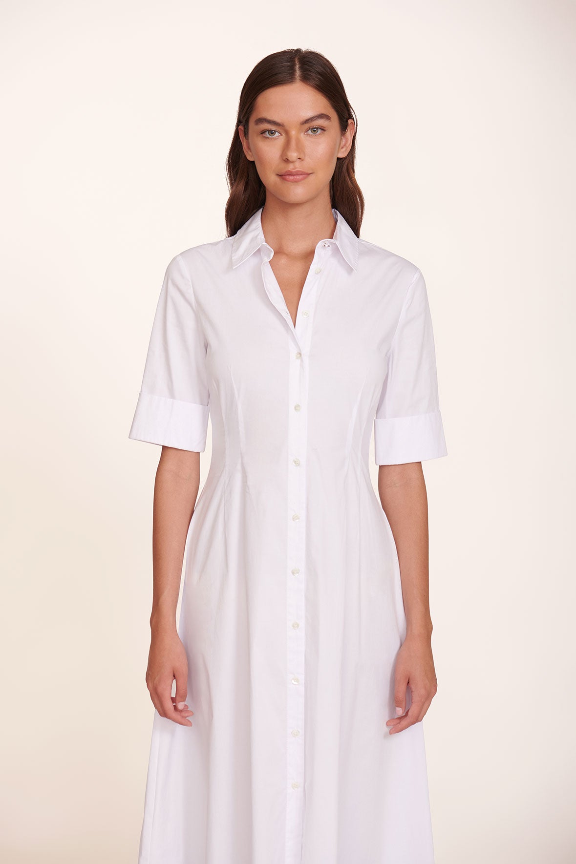 White maxi shirt dress with point collar, short sleeves, button front