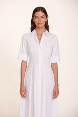 White maxi shirt dress with point collar, short sleeves, button front