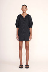 Black mini dress with button-front placket and gathered puff sleeves
