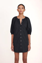 Black mini dress with V neckline and small front buttons
