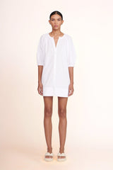 White mini dress front view with V-neck button placket and puff sleeves