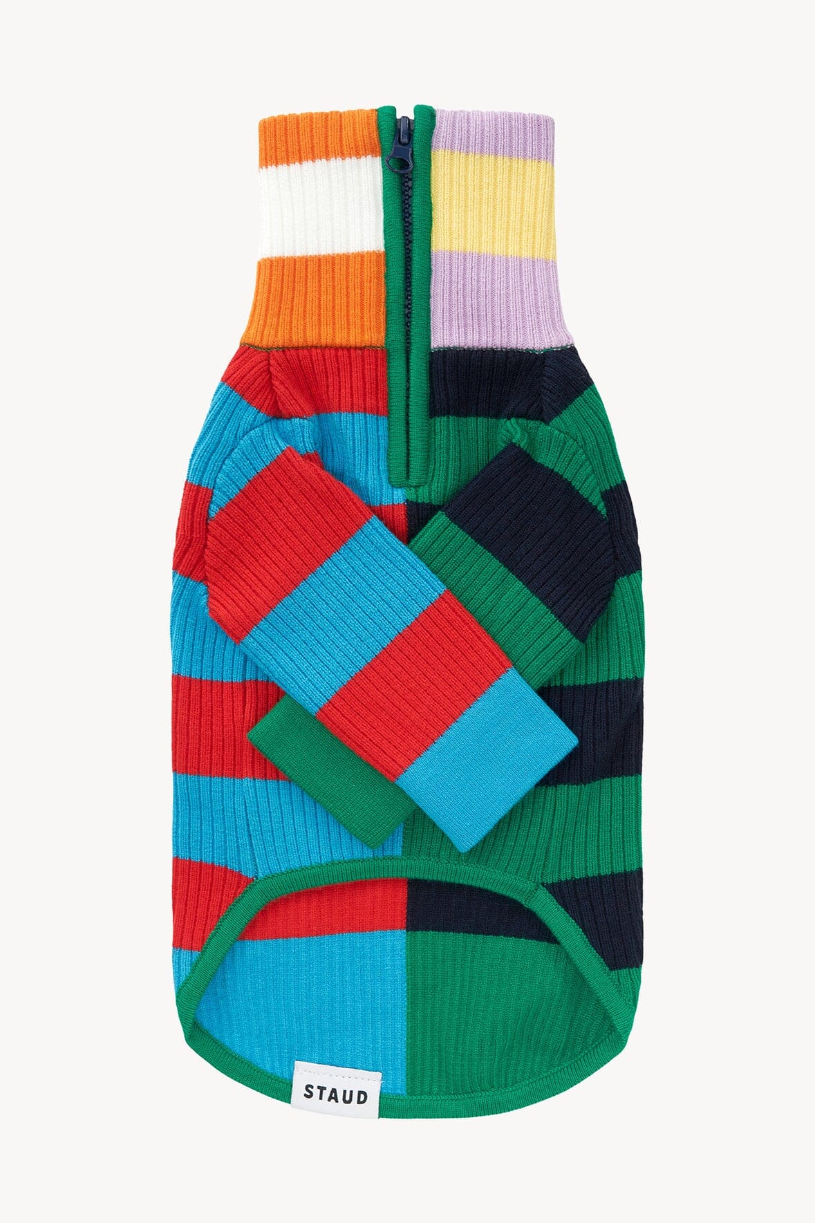 Multi-color striped knit pet sweater with orange collar and front zipper