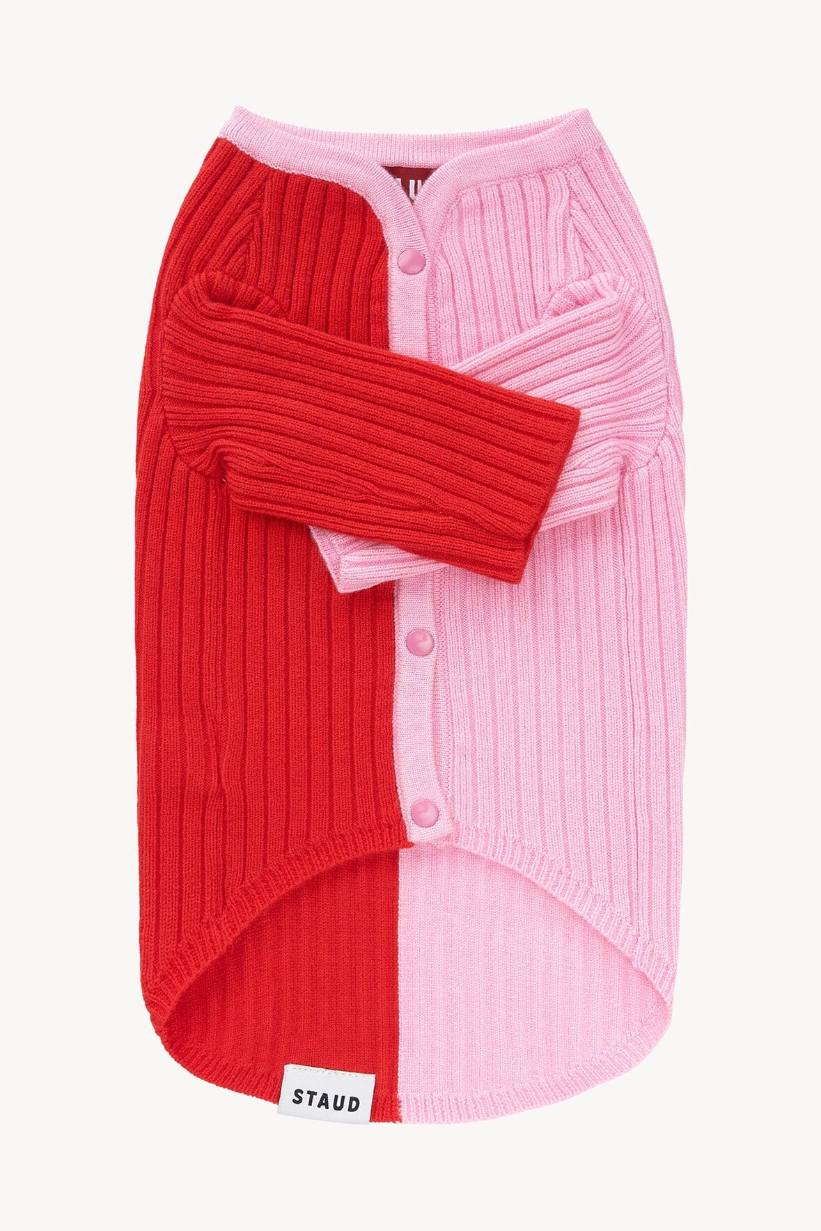 Two-tone ribbed pet sweater in red and pale pink with button front