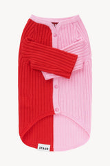 Two-tone ribbed pet sweater in red and pale pink with button front