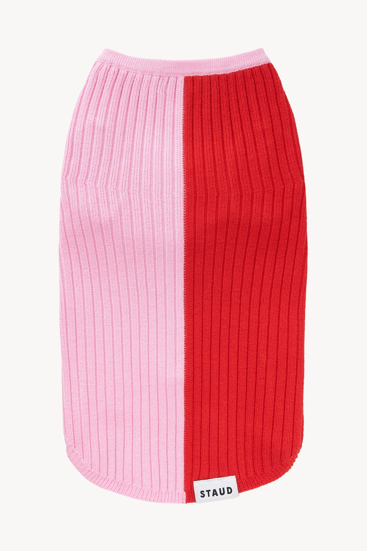 Two-tone ribbed pet sweater with red panel on one side and pale pink other side