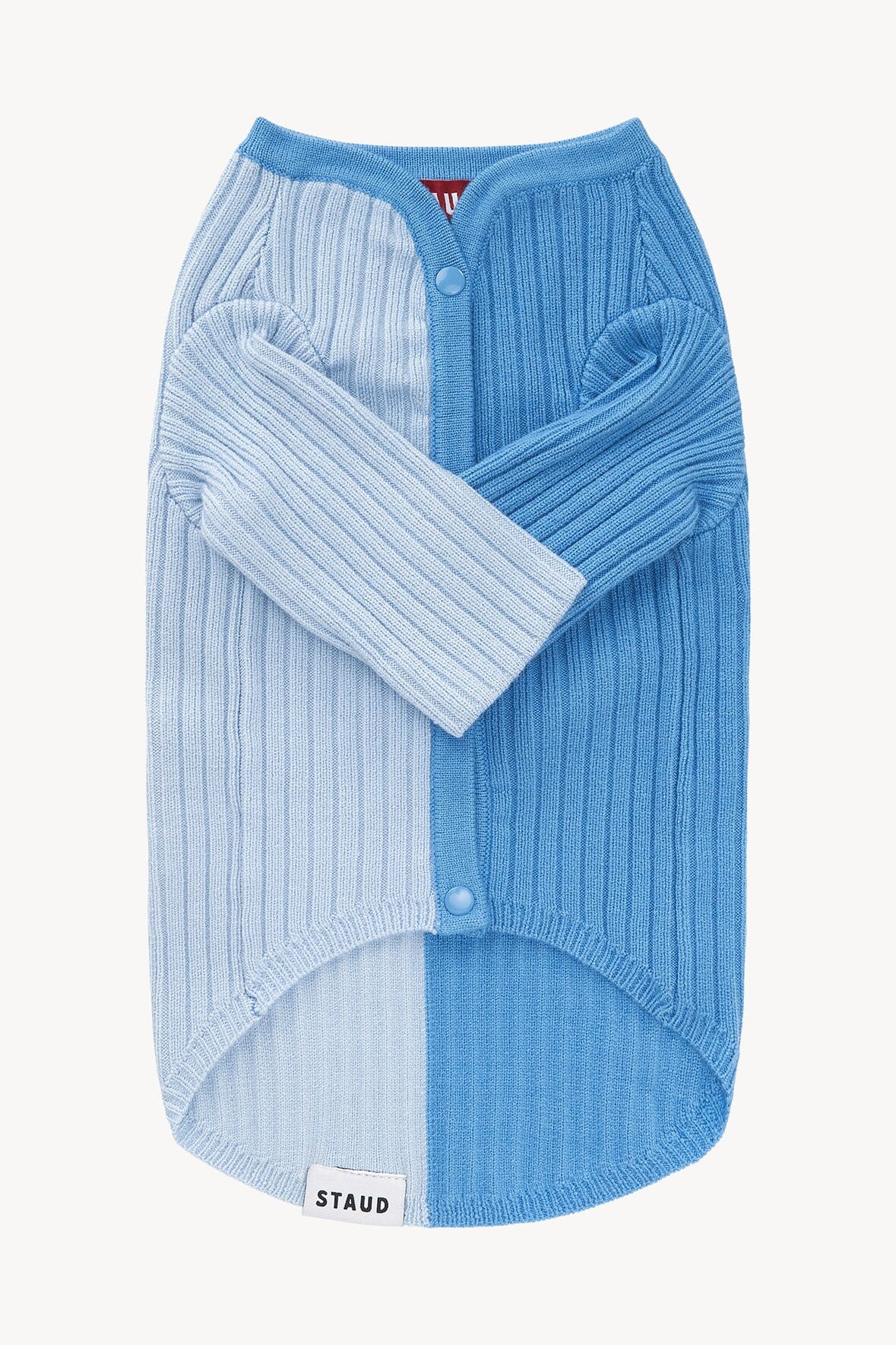 Periwinkle blue knit dog sweater with ribbed texture and button-front placket