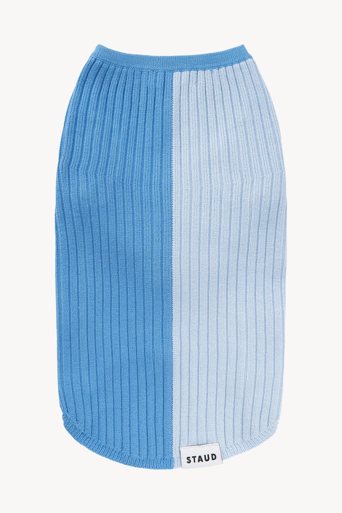 Periwinkle blue striped knit dog sweater with crew neck and ribbed hem