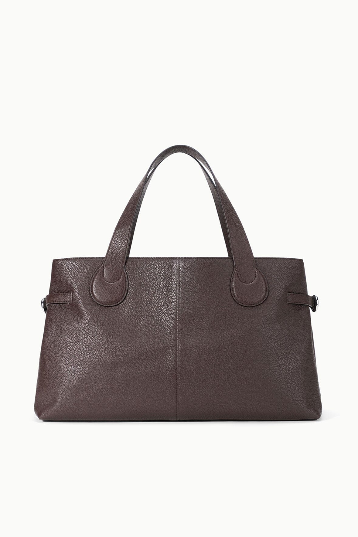 Espresso-brown tote bag with double handles and center seam detail