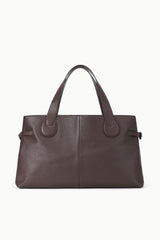 Espresso-brown tote bag with double handles and center seam detail