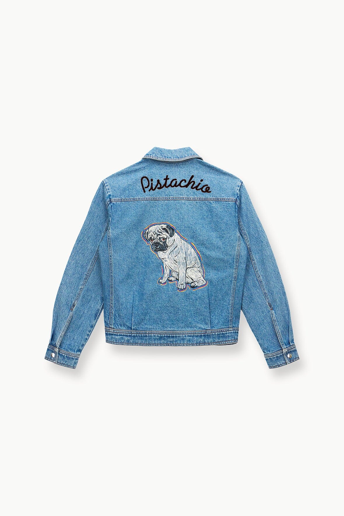 Medium-wash denim jacket back with dog patch and 'Pistachia' lettering, button details
