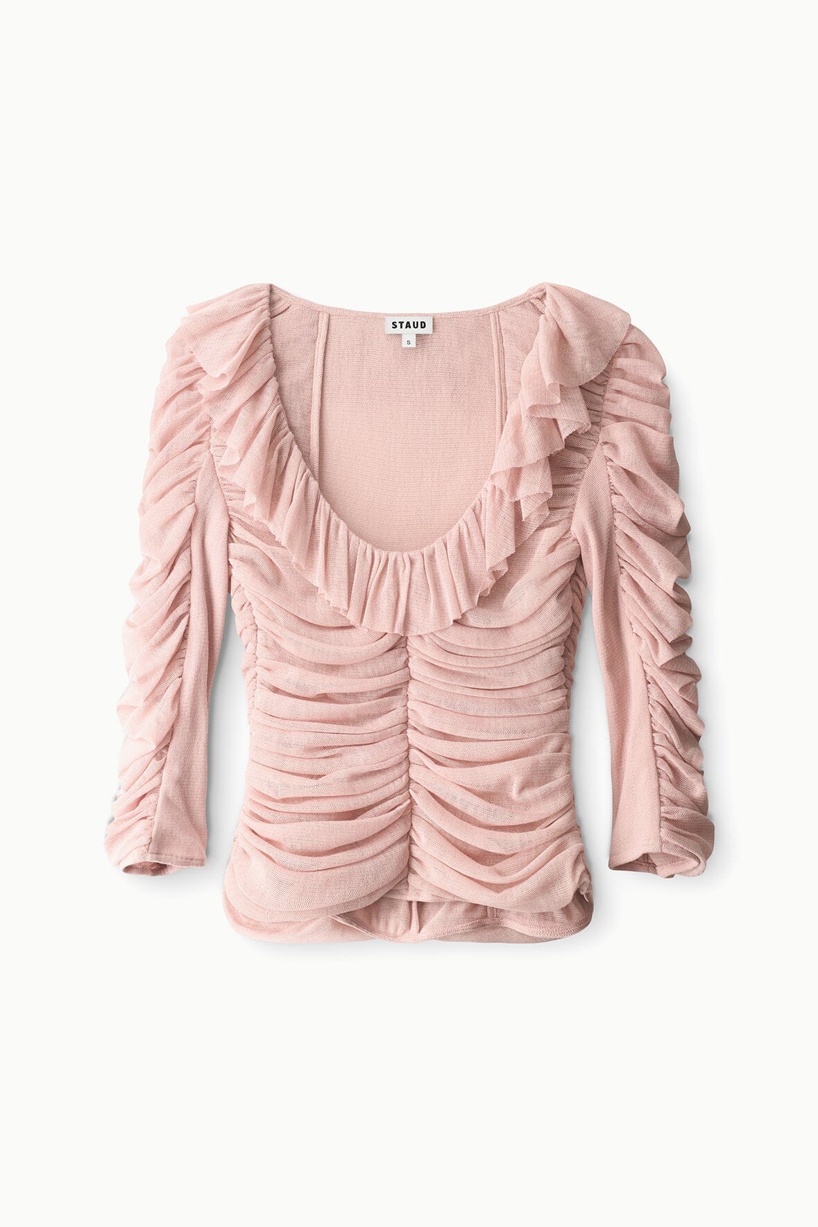 Sandrose pale pink ruched top with ruffle neckline and gathered long sleeves, layered hem