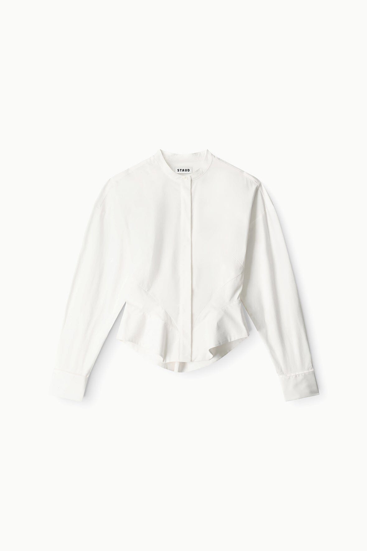 White button-front peplum blouse with stand collar and long sleeves